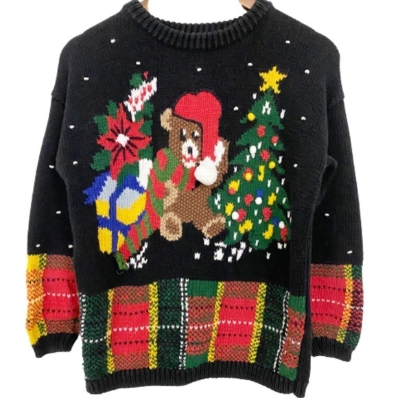 Vintage Sweaters - Vintage Ugly Christmas Tree Bear Bobble Hand Knit Sweater